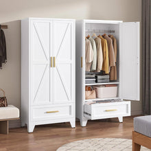 Load image into Gallery viewer, White 2-Door Wardrobe Armoire Cabinet with Storage Drawer and Hanging Rod