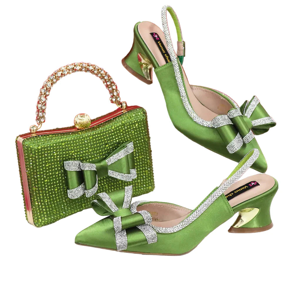 Med Heel Shoes for Women Italian Design Shoes and Bag Set ED345