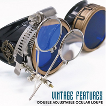 Load image into Gallery viewer, Handmade Victorian Steampunk Goggles with Loupe - blue, red, purple, black, clear, green, light blue lenses