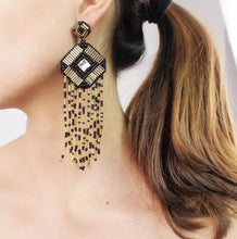 Load image into Gallery viewer, Black and Gold Tassel Drop Earrings