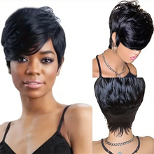 Load image into Gallery viewer, pixie cut human hair machine made remy wig 6inch natural balck color 150% density daily party use wig short straight pixie wig