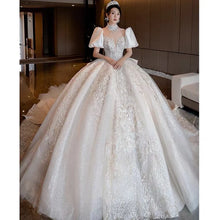 Load image into Gallery viewer, Glitter Satin Wedding Dress With High Neck EDL54