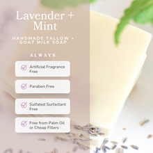 Load image into Gallery viewer, Lavender + Mint Handmade Tallow and Goat Milk Soap Bar