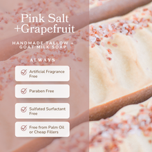 Load image into Gallery viewer, Pink Salt + Grapefruit Cleansing Bar Handmade Tallow and Goat Milk Soap Bar