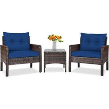 Load image into Gallery viewer, 3-Piece Brown PE Rattan Outdoor Dining Patio Furniture Set with Blue Cushions