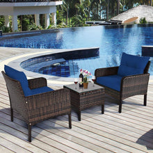 Load image into Gallery viewer, 3-Piece Brown PE Rattan Outdoor Dining Patio Furniture Set with Blue Cushions