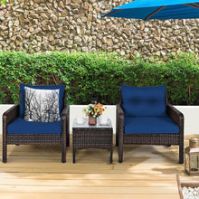 Load image into Gallery viewer, 3-Piece Brown PE Rattan Outdoor Dining Patio Furniture Set with Blue Cushions