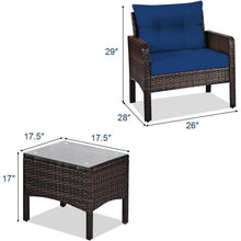 Load image into Gallery viewer, 3-Piece Brown PE Rattan Outdoor Dining Patio Furniture Set with Blue Cushions