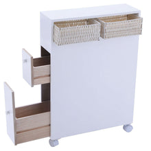 Load image into Gallery viewer, White Bathroom Storage Floor Cabinet with Baskets and Casters