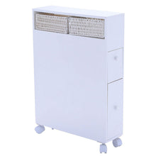 Load image into Gallery viewer, White Bathroom Storage Floor Cabinet with Baskets and Casters