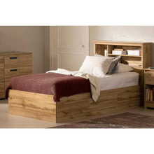 Load image into Gallery viewer, Twin size Modern Scandinavian Style Bookcase Headboard in Oak Wood Finish