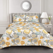 Load image into Gallery viewer, Full/Queen 3 Piece Reversible Yellow Grey Teal Floral Leaves Cotton Quilt Set