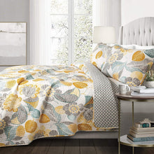 Load image into Gallery viewer, Full/Queen 3 Piece Reversible Yellow Grey Teal Floral Leaves Cotton Quilt Set