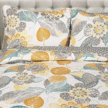 Load image into Gallery viewer, Full/Queen 3 Piece Reversible Yellow Grey Teal Floral Leaves Cotton Quilt Set