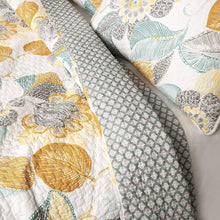 Load image into Gallery viewer, Full/Queen 3 Piece Reversible Yellow Grey Teal Floral Leaves Cotton Quilt Set