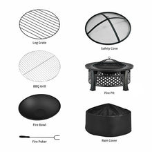 Load image into Gallery viewer, Rustic Steel Outdoor Fire Pit with BBQ Grill with Poker and Mesh Cover