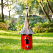 Load image into Gallery viewer, Red Metal Birdhouse with Copper Bronze Finish Gramophone Roof