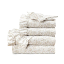Load image into Gallery viewer, King Size Tan White Floral Ruffle Polyester 6 Piece Sheet Set