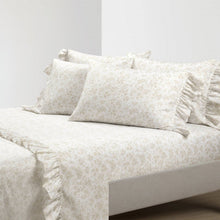 Load image into Gallery viewer, King Size Tan White Floral Ruffle Polyester 6 Piece Sheet Set