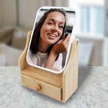 Load image into Gallery viewer, Dual-Sided Vanity Mirror with Bamboo Drawer Base