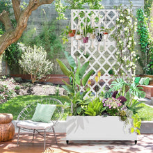 Load image into Gallery viewer, White Metal Outdoor Raised Garden Bed Planter Box with Trellis on Wheels