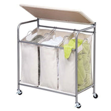 Load image into Gallery viewer, 3 Section Wheeled Laundry Sorter Cart with Lift Top Folding Ironing Board