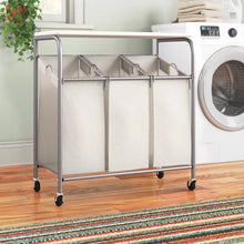 Load image into Gallery viewer, 3 Section Wheeled Laundry Sorter Cart with Lift Top Folding Ironing Board