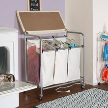 Load image into Gallery viewer, 3 Section Wheeled Laundry Sorter Cart with Lift Top Folding Ironing Board