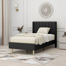 Load image into Gallery viewer, Twin size Mid-Century Black Linen Platform Bed Frame with Upholstered Headboard