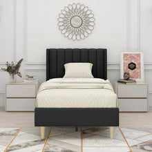 Load image into Gallery viewer, Twin size Mid-Century Black Linen Platform Bed Frame with Upholstered Headboard