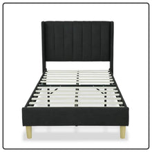 Load image into Gallery viewer, Twin size Mid-Century Black Linen Platform Bed Frame with Upholstered Headboard
