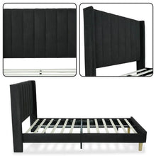 Load image into Gallery viewer, Twin size Mid-Century Black Linen Platform Bed Frame with Upholstered Headboard