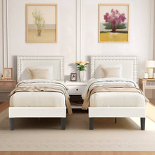 Load image into Gallery viewer, Set of 2 - Twin size White Tufted Upholstered Platform Bed Frame with Headboard