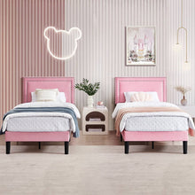 Load image into Gallery viewer, Set of 2 - Twin size Pink Upholstered Platform Bed with Nailhead Trim Headboard
