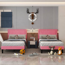 Load image into Gallery viewer, Set of 2 - Twin size Pink Upholstered Platform Bed with Nailhead Trim Headboard