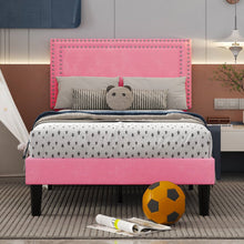 Load image into Gallery viewer, Set of 2 - Twin size Pink Upholstered Platform Bed with Nailhead Trim Headboard