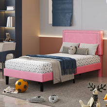 Load image into Gallery viewer, Set of 2 - Twin size Pink Upholstered Platform Bed with Nailhead Trim Headboard