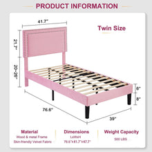 Load image into Gallery viewer, Set of 2 - Twin size Pink Upholstered Platform Bed with Nailhead Trim Headboard