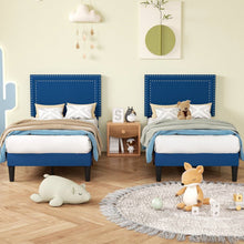 Load image into Gallery viewer, Set of 2 - Twin Dark Blue Upholstered Platform Bed with Nailhead Trim Headboard