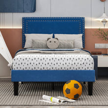 Load image into Gallery viewer, Set of 2 - Twin Dark Blue Upholstered Platform Bed with Nailhead Trim Headboard