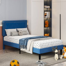 Load image into Gallery viewer, Set of 2 - Twin Dark Blue Upholstered Platform Bed with Nailhead Trim Headboard
