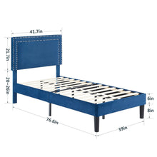 Load image into Gallery viewer, Set of 2 - Twin Dark Blue Upholstered Platform Bed with Nailhead Trim Headboard