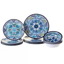 Load image into Gallery viewer, 12-Piece Melamine Dinnerware Plates Bowls Set with Blue Floral Pattern