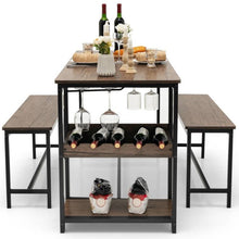 Load image into Gallery viewer, Modern Industrial 3-Piece Metal Wood Dining Set with 2 Benches and Wine Rack