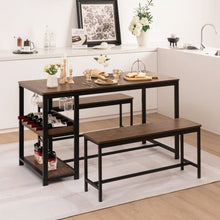 Load image into Gallery viewer, Modern Industrial 3-Piece Metal Wood Dining Set with 2 Benches and Wine Rack