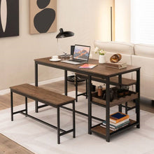 Load image into Gallery viewer, Modern Industrial 3-Piece Metal Wood Dining Set with 2 Benches and Wine Rack