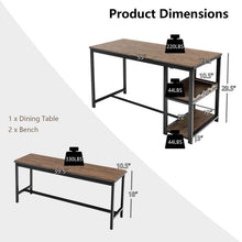 Load image into Gallery viewer, Modern Industrial 3-Piece Metal Wood Dining Set with 2 Benches and Wine Rack