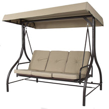 Load image into Gallery viewer, Tan 3-Seat Outdoor Porch Deck Patio Canopy Swing with Cushions
