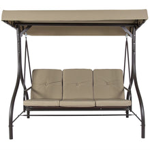 Load image into Gallery viewer, Tan 3-Seat Outdoor Porch Deck Patio Canopy Swing with Cushions