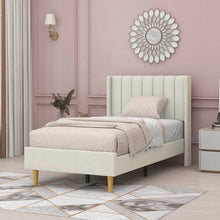 Load image into Gallery viewer, Twin size Mid-Century Platform Bed Frame with Cream Velvet Upholstered Headboard